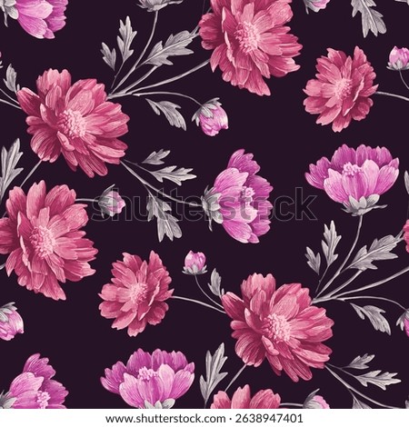 A seamless pattern of stylized floral motifs. Large, detailed blooms in shades of deep pink and light pink are arranged across a dark deep wine background. 