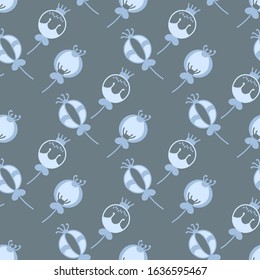 Seamless pattern. Stylized flower buds. Folk art, ethnic culture. Doodle elements, Hand drawn vector on blue backgrounds.