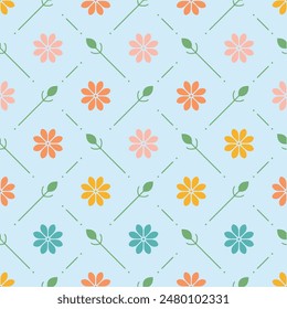Seamless pattern with stylized flower and leaves in soft pastel colors, suitable for fabric design, gift wrapper and wallpaper.