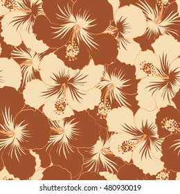 Seamless pattern of stylized flower. Vector hibiscus flowers in brown and beige colors. Hand drawn. Seamless floral background.