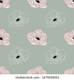 Seamless pattern with stylized flowers. Anemone flower. Wallpaper, paper, print, textile design, packaging. Vector illustration.