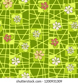 Seamless pattern with stylized flowers arranged against an abstract lattice background