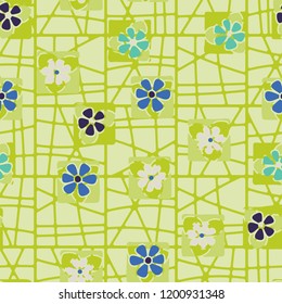 Seamless pattern with stylized flowers arranged against an abstract lattice background