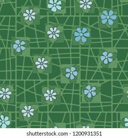 Seamless pattern with stylized flowers arranged against an abstract lattice background