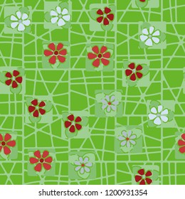 Seamless pattern with stylized flowers arranged against an abstract lattice background
