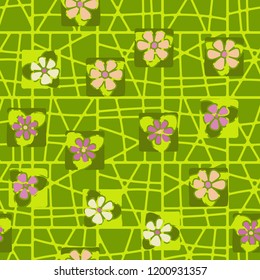 Seamless pattern with stylized flowers arranged against an abstract lattice background