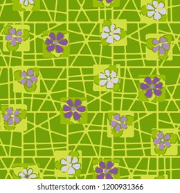 Seamless pattern with stylized flowers arranged against an abstract lattice background