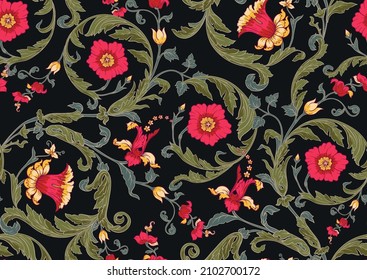 Seamless pattern with stylized flowers In baroque, rococo, victorian, renaissance medieval style. In decorative style. Ethnic patterned ornate hand drawn.medieval style. Vector illustration.