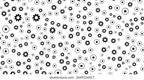 Seamless pattern of stylized flowers in black and white, with scattered blossoms creating a simple floral background that is ideal for fabric designs or textile prints
