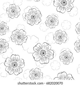A seamless pattern with stylized flowers - black line art on a white background
