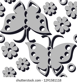 Seamless pattern of stylized flowers and butterflies. On a white background are depicted figures of flowers and butterflies, as if cast from concrete. Vector illustration.