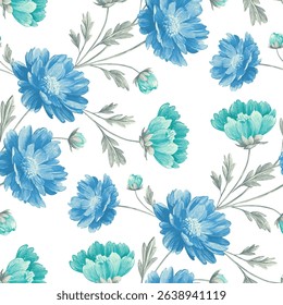 A seamless pattern of stylized flowers. The flowers are depicted in shades of light blue and turquoise teal, with detailed, almost brush stroke like, petal structures. The flowers of aster or daisy.