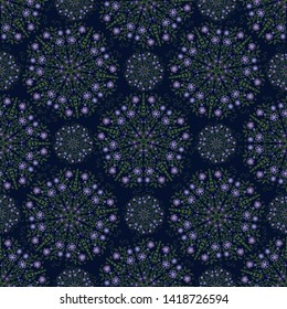 Seamless pattern with stylized flowers and floral patterns on the dark blue background. Endless texture for design. Decorative seamless background for greeting cards, interior, cosmetics and textiles.
