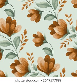 A seamless pattern of stylized flowers and foliage. The flowers are a muted, warm brown orange color, with a lighter, peachy orange shading within the petals, giving a three dimensional effect.