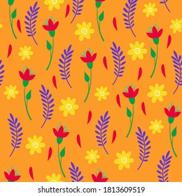 Seamless pattern. Stylized flowers and leaves on a orange background. Doodle.