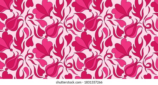 seamless pattern with stylized flowers and leaves in pink tones