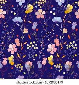 seamless pattern with stylized flowers, leaves and branches