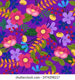 Seamless pattern. Stylized flowers and leaves on a yellow background. Doodle.