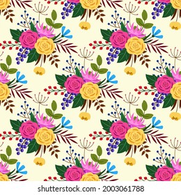 Patrón sin foco. Flores estilizadas y hojas sobre un fondo amarillo. Doodle.