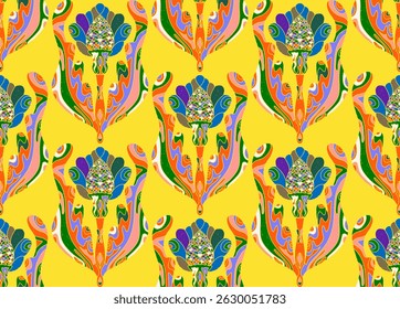 Seamless pattern with stylized flowers and leaves in folk art style. Vintage botanical print inspired by traditional motifs. Contemporary linocut inspired ornamental design
