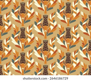 Seamless pattern with stylized flowers and leaves in folk art style. Vintage botanical print inspired by traditional motifs. Contemporary linocut inspired ornamental design