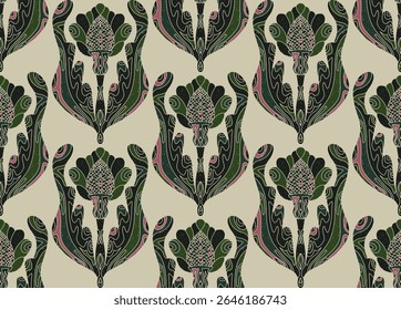 Seamless pattern with stylized flowers and leaves in folk art style. Vintage botanical print inspired by traditional motifs. Contemporary linocut inspired ornamental design