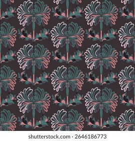 Seamless pattern with stylized flowers and leaves in folk art style. Vintage botanical print inspired by traditional motifs. Contemporary linocut inspired ornamental design