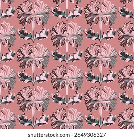 Seamless pattern with stylized flowers and leaves in folk art style. Vintage botanical print inspired by traditional motifs. Contemporary linocut inspired ornamental design
