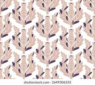 Seamless pattern with stylized flowers and leaves in folk art style. Vintage botanical print inspired by traditional motifs. Contemporary linocut inspired ornamental design