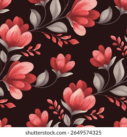 A seamless pattern of stylized flowers and leaves. The flowers are a vibrant, slightly muted, coral red color, with a soft, almost painted, texture. They resemble magnolia blossoms.