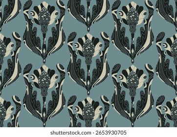 Patrón sin fisuras con flores estilizadas y hojas en estilo de arte popular. Estampado botánico de Antiguas inspirado en motivos tradicionales. Diseño ornamental inspirado en linograbado contemporáneo