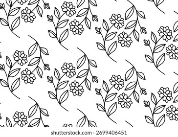 Patrón sin fisuras de flores y hojas estilizadas dispuestas diagonalmente sobre un fondo blanco, creando un motivo floral repetitivo.