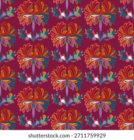 Patrón sin fisuras con flores estilizadas y hojas en estilo de arte popular. Estampado botánico de Antiguas inspirado en motivos tradicionales. Diseño ornamental inspirado en linograbado contemporáneo