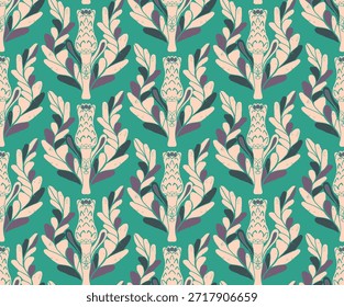 Patrón sin fisuras con flores estilizadas y hojas en estilo de arte popular. Estampado botánico de Antiguas inspirado en motivos tradicionales. Diseño ornamental inspirado en linograbado contemporáneo