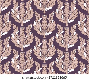 Nahtloses Muster mit stilisierten Blumen und Blättern im Volkskunststil. Vintage Botanical Print inspiriert von traditionellen Motiven. Zeitgenössisches Linolschnitt-inspiriertes Zierdesign