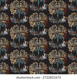 Nahtloses Muster mit stilisierten Blumen und Blättern im Volkskunststil. Vintage Botanical Print inspiriert von traditionellen Motiven. Zeitgenössisches Linolschnitt-inspiriertes Zierdesign