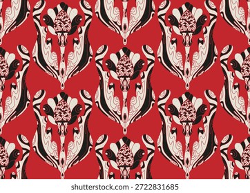 Nahtloses Muster mit stilisierten Blumen und Blättern im Volkskunststil. Vintage Botanical Print inspiriert von traditionellen Motiven. Zeitgenössisches Linolschnitt-inspiriertes Zierdesign