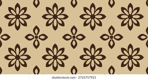 Um padrão perfeito de flores e folhas estilizadas em um fundo bege visto diretamente acima