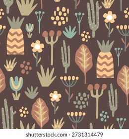 A seamless pattern with stylized flowers, leaves, and plants. Abstract floral background for textile design.