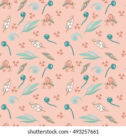 Seamless pattern with stylized flowers, leaves and berries on a pink background
