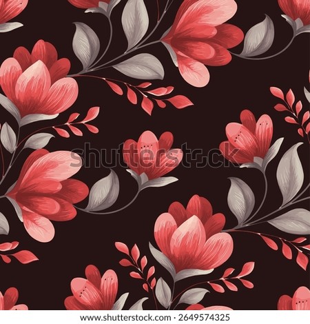 A seamless pattern of stylized flowers and leaves. The flowers are a vibrant, slightly muted, coral red color, with a soft, almost painted, texture. They resemble magnolia blossoms.