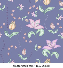 Seamless pattern. Stylized flowers and lettering on a lilac background. Vector illustration.