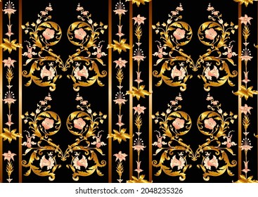 Seamless pattern with stylized flowers in medieval style. Vector illustration. In gold and black colors.