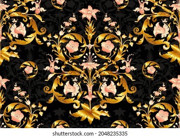 Patrón sin foco con flores estilizadas de estilo medieval. Ilustración vectorial. En colores dorados y negros.