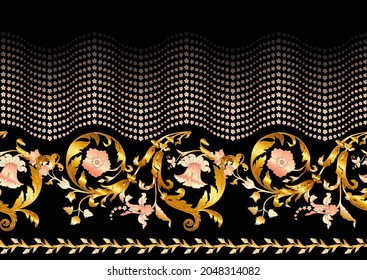 Seamless pattern with stylized flowers in medieval style. Vector illustration. In gold and black colors.