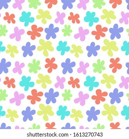 Seamless pattern of stylized flowers on a white background. Children's drawing of multi-colored flowers. Print for fabric, paper, postcards. Delicate colors yellow, pink, green, blue. Vector illustrat