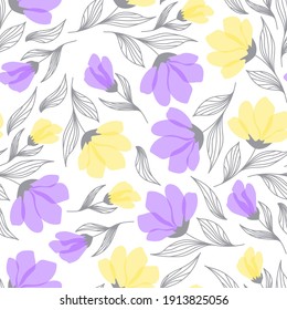 Seamless pattern with stylized flowers on a white background. Hand drawn botanical background.