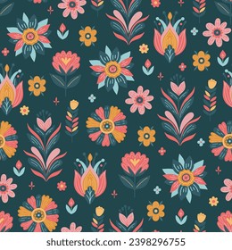 Seamless pattern of stylized flowers on a dark green background. Vector graphics.