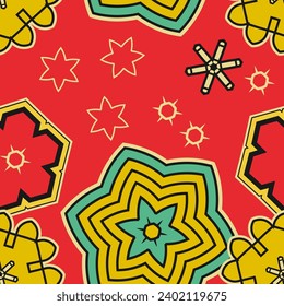 Seamless pattern with stylized flowers and other colored decorative elements on a red background. Vector illustration