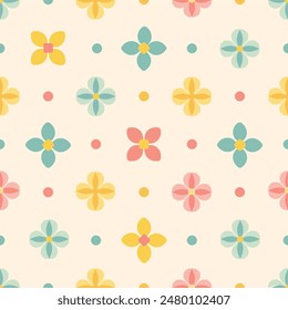 Seamless pattern with stylized flowers and small circles in soft pastel colors, suitable for fabric design, gift wrapper, and wallpaper.